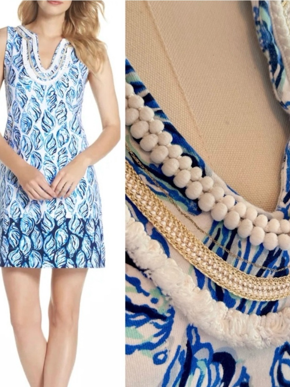 LILLY PULITZER Short Harper Shift Dress Blue & White Resort White Drop Seashells